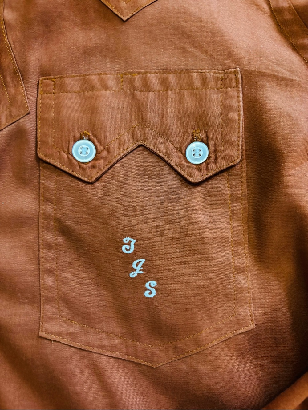Vintage custom made Texas monogrammed burnt orange Button Pocket western Shirt